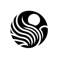 Abstract black and white circular featuring stylized waves and a white circle resembling a sun, showcasing balance and harmony. vector