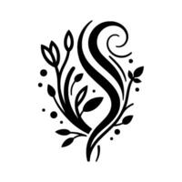 Elegant Black and White Floral Design A symmetrical composition featuring intertwined stylized foliage with leaves and dots around an Sshaped central element, set against a crisp white background. vector