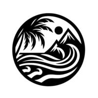 Intricate Black and White Circular Emblem Beach and Mountain Silhouette with Waves, Palm Tree, and Sun, Minimalist Design. vector