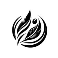 A minimalist black and white emblem featuring stylized feather elements and a central orb, arranged within an enclosing arc shape, suggesting growth and tranquility. vector