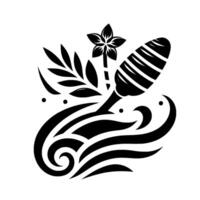 A minimalist black and white Polynesianinspired graphic, featuring stylized waves, a flower, a leaf, and a textured elongated shape, creating a balanced composition with a tranquil vibe. vector
