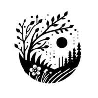 Monochromatic Circle Composition Tree, Flower, Moon, and Forest Silhouette in Simplified Nature Scene. vector