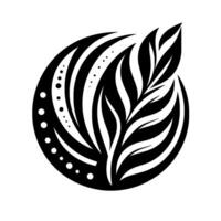 A symmetrical monochrome artwork, featuring a stylized leaf within a circular frame, accented with dotted and striped patterns, on a bright white background. vector