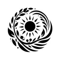 A stylized, minimalist sun emblem encircled by organic, symmetrical elements leaves, berries, and flowing lines rendered in bold black on a clean white background. vector