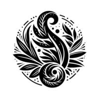 Intricate monochrome floral in a circular composition, featuring stylized leaves, swirls, dots, and a balanced contrast. vector