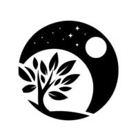 Black White Silhouette A Nighttime Scene inside a Circle, Featuring a Tree, Moon, Stars, Symbolic of Nature Dreams vector