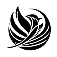 A minimalist and elegant black and white illustration depicting a stylized bird soaring within a circular frame, evoking themes of freedom, grace, and movement, with layered winglike forms. vector