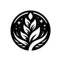 A stylized black and white illustration of a leafy plant within a circular frame, accented with stars, representing growth and nature. vector