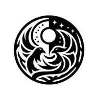 A symmetrical YinYang style circular featuring two birdlike creatures facing each other, surrounded by flowing shapes, divided into night and day. vector
