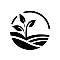 Stylized monochrome depicting a growing plant emerging from tiered, stylized fields, enclosed within a partial circular frame, symbolizing growth and sustainability. vector