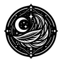 Elegant black and white circular emblem depicting a crescent moon, stars, and feather design, symbolizing night, dreams, and tranquility. vector