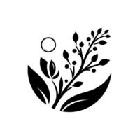 A minimalist botanical illustration showcasing a black stylized floral arrangement with leaves, berries, and a surrounding circle on a clean white background. vector