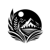 A monochromatic emblem depicts a tranquil landscape, featuring a mountain, forest, fields, a moon, and ornate foliage, within a circular frame. vector