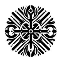 Symmetrical Black and White Decorative Mandala Floral and Geometric Design, Centered Cross with Ornate Leaf Motifs, Isolated on White. vector
