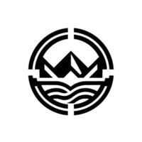 A minimalist black and white circular emblem depicting stylized mountains, waves, and a partial ring, symbolizing nature and water. vector
