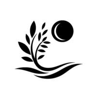 A minimalist black and white featuring a stylized tree with leaves, a crescent moon, and flowing lines, evoking peace and serenity. vector