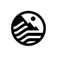 Abstract Monochrome Icon A stylized mountain with sun rises above wavy lines, enclosed within a circle, symbolizing nature and landscape. vector