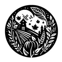 Stylized black and white circular illustration depicting a rural autumnal scene with a windmill, field, leaves, trees, and pumpkin, evoking a sense of harvest and serenity. vector