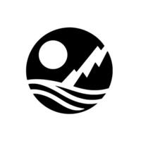 A minimalist black and white circular featuring a stylized mountain range, sun, and ocean waves, representing a landscape. vector