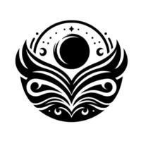Celestial Emblem A stylized, symmetrical featuring a central eclipse, crescent moons, and stylized wings radiating outwards, with cosmic dot accents. vector