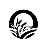 A stylized black and white of wheat stalks growing in a field, enclosed within a circle, with a sunlike shape in the background. vector