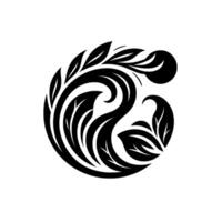 Elegant Black and White Swirl Featuring Leafy Elements Forming a Harmonious Circular Composition on a Plain White Background. vector