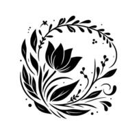 Black and white circular floral emblem featuring a stylized tulip and botanical elements, minimalist and elegant. vector