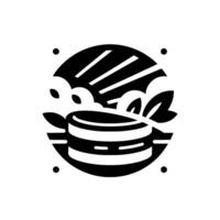 Monochromatic Icon Stylized food element, possibly a stack of cakes or sushi, surrounded by leaves and decorative lines, within a circular frame. vector