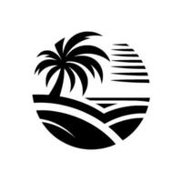 A stylized monochrome illustration of a tropical scene with a palm tree, landscape, and sunset within a circular frame, evoking serenity. vector