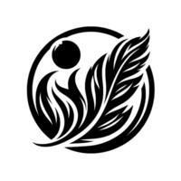 A stylized black and white featuring a feather and swirling organic shapes within a circle, with a dark circle above, creating a sense of balance. vector