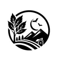 A symmetrical monochrome of a house nestled beneath mountains and a crescent moon, with bats, trees, and a large leaf in a circular frame, evoking a spooky, natural ambiance. vector