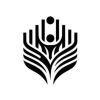 A striking minimalist emblem features a stylized, symmetrical of vertical bars, arcs, and dots, resembling an abstract human figure and a blooming organic form in stark black and white. vector