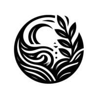 A circular, minimalist black and white illustration of a flowing water pattern and leaves, combining nature and fluid art, in a balanced aesthetic. vector