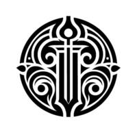 An intricate, symmetrical, and stylized black and white tribal emblem, featuring a central swordlike element encircled by decorative, swirling patterns within a circular frame. vector