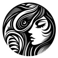 A stylized, monochromatic portrait of a womans face within a circle. Intricate flowing hair frames her profile, highlighting her closed eye with long lashes and a graceful silhouette. The contrasting vector
