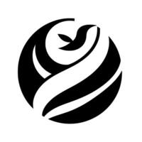 Abstract monochrome featuring a stylized bird and leaf integrated within a spherical form of contrasting black and white curved lines and shapes. vector