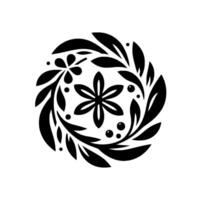 A symmetrical, elegant floral design, featuring a central starlike bloom, encircled by stylized leaves, berries, and complementary flower elements, all in bold black against a white backdrop. vector