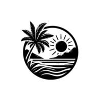 Minimalist Black and White Circular Emblem of a Tropical Beach Scene Palm Tree, Sun, Mountains, and Ocean. vector