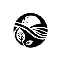 Abstract Black and White Circular Featuring Leaves, Fields, and a Sunlike Shape, Evoking Natures Serenity. vector