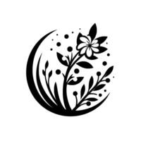 Elegant Black and White Floral Silhouette A stylized composition featuring a delicate flower arrangement, encapsulated within a crescent moon shape, evoking simplicity and nature. vector
