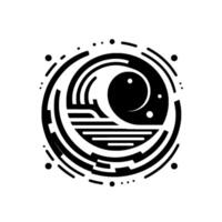 Abstract black and white circular featuring a wave motif with a stylized moon, incorporating lines and dots, suggestive of the sea and sky. vector