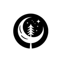 A stylized night scene, depicting a pine tree silhouetted against a crescent moon and starry sky within a black circular frame, evoking a sense of tranquility and nature. vector