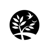 Monochromatic Emblem A stylized tree with leaves, a soaring bird, and a crescent moon, encapsulated within a stark black circle, evoking nature. vector