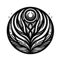 Intricate black and white circular featuring stylized floral elements and concentric circles, creating a symmetrical, decorative, and pattern with subtle details. vector
