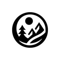 Simple, minimalist black and white emblem featuring stylized mountains, a pine tree, and sun set within a circular border, evokes the outdoors. vector