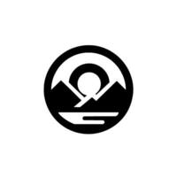 A minimalist circular emblem featuring a mountain range silhouette, sunlike circle, and a horizontal line, all in bold black against a stark white background. vector