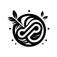 Abstract Black and White Circular Emblem Stylized with organic, flowing lines, leaves and dotted elements, centered on a clean white background. vector