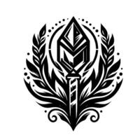 Elegant Black and White Emblem featuring a stylized spearhead within a laurel wreath, with geometric elements and floral details, conveying strength and sophistication. vector