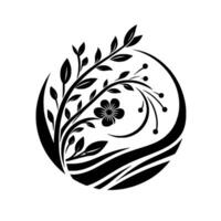 A minimalist black and white illustration of a floral arrangement within a circular frame. The features a flower, leaves, berries, and flowing curved lines evoking nature. vector