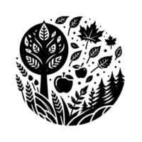 A black and white illustration depicting a stylized autumn scene within a circular frame, featuring a tree, apples, leaves, and a forest, evoking a sense of nature and seasonal change. vector